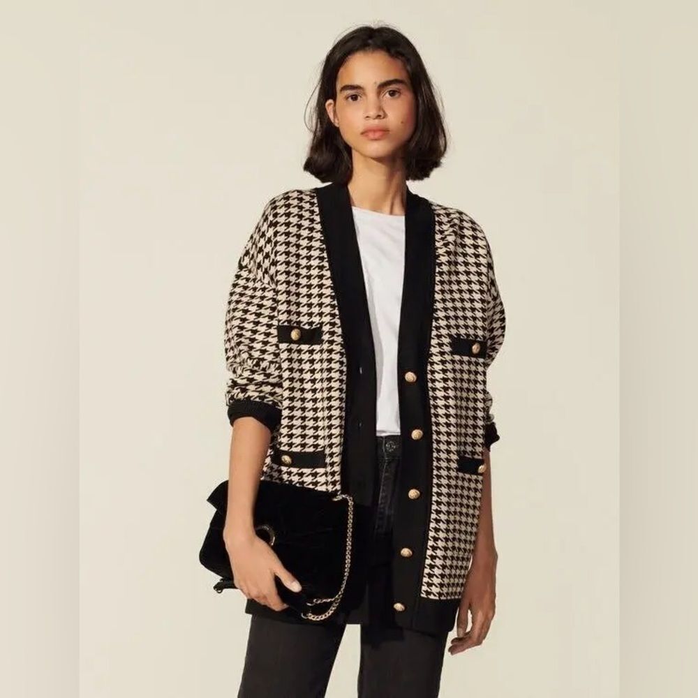 Sandro Long Houndstooth V-Neck Cardigan Sweater (authentic) Women’s Size 1-Paris